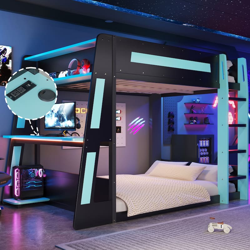 Full or Twin Gaming Bunk Bed Gaming Loft Bed with Built-In Gaming Station Cable Management for Gamer Gaming Hotel Gaming Suite