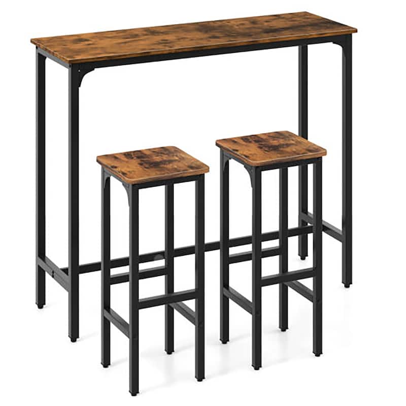 Gymax 3PCS Bar Table & Chairs Set Industrial Dining Breakfast Table - Brown