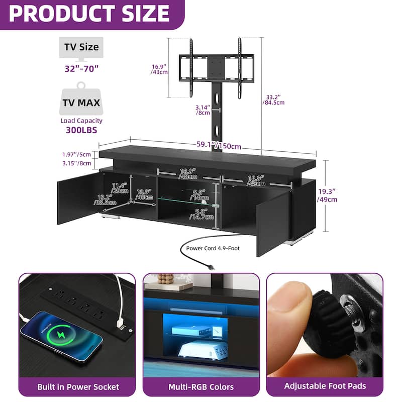 Moasis Modern TV Stand and LED Light Entertainment Center with Mount & Power Outlet