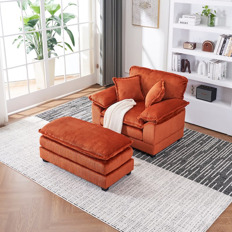 56.3" Corduroy Single Sofa Chair with 2 Toss Pillows & a Ottoman