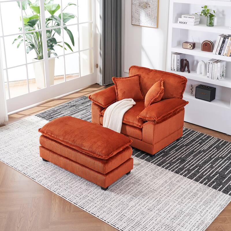 Corduroy Single Sofa Set with Ottoman & 2 Toss Pillows (Deep Seat)
