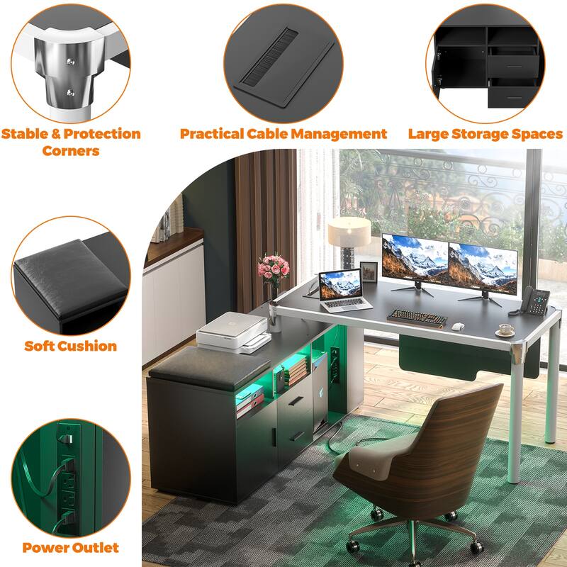 L Shaped Desk with File Cabinet and Power Strip, Reversible Corner Office Desk with LED Lights