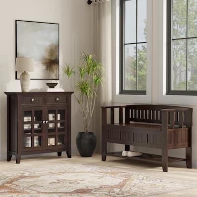 WYNDENHALL Normandy Solid Wood 48 inch Wide Storage Bench with Shelf and 36 inch Wide Storage Cabinet in Brunette Brown