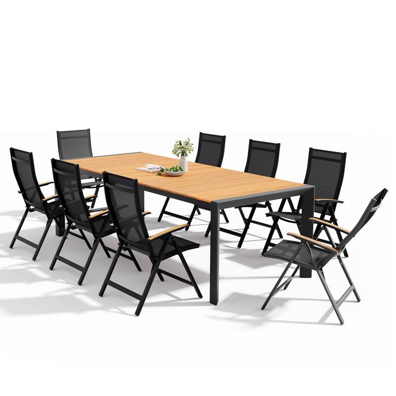 Set of 9 Outdoor Patio Dining Set WoodLike Table Top Aluminum Umbrella Hole Table with Folding Chairs