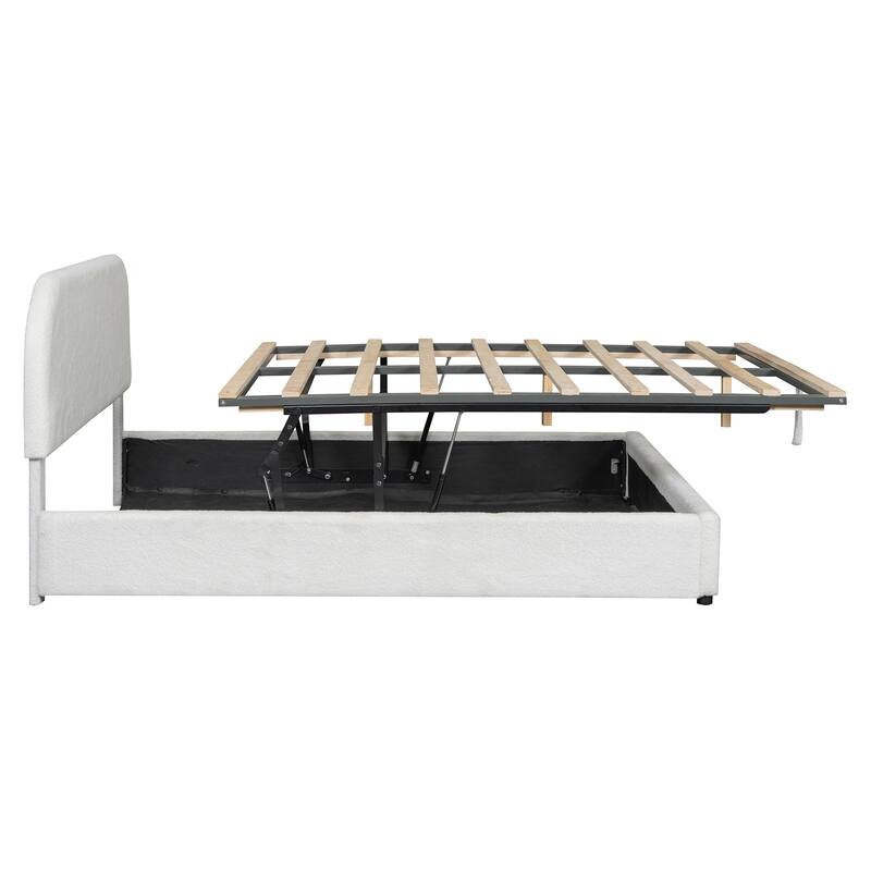 Lift Up Storage Platform Bed Frame, Teddy Fleece Low Profile Bed Hydraulic Storage System, Curved Headboard, Wood Panel Bed