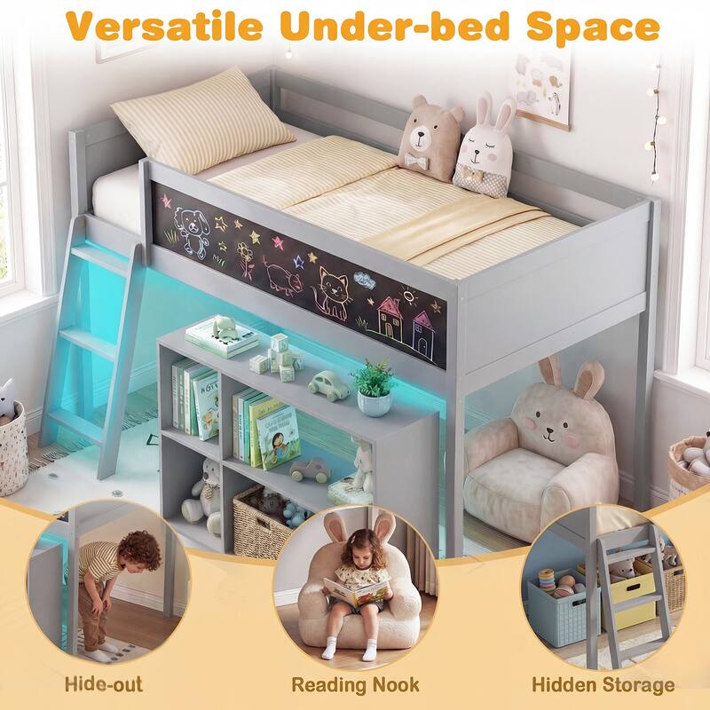Gymax Kids Loft Bed w/LED Lights Chalkboard & Removable Bookcase