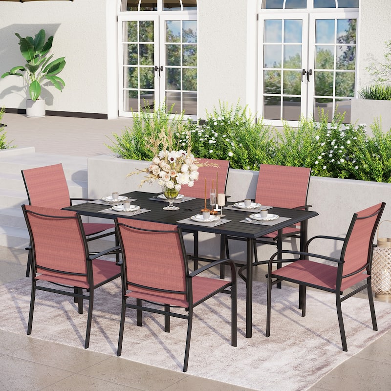 MAISON ARTS 7-Piece Outdoor Dining Set 6 Textilene Chairs and Metal Rectangular Outdoor Dining Table - Red
