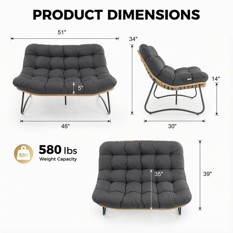 FINCATI 2-Person Outdoor/Indoor Papasan Lounge Egg Chair Loveseat, Oversized 51" Patio Club Chair with 5.5" Cushion