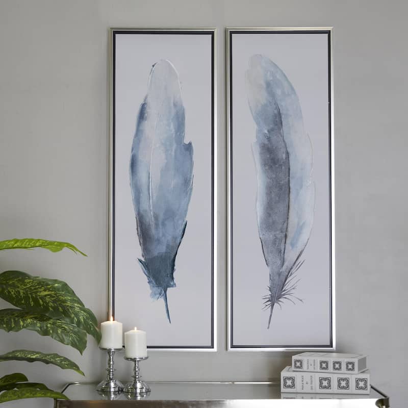 Canvas Bird Feathers Living Room Framed Wall Art with Silver Frame - Set of 2 Blue - Roche River Decor
