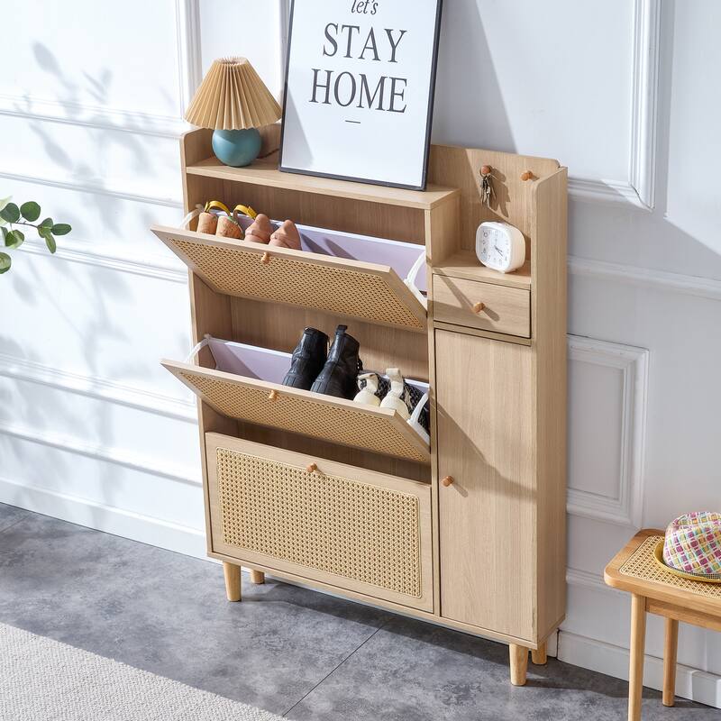 Shoe Cabinet with Rattan Doors, Entryway Slim Rattan Shoe Storage Cabinet with Flip Down Drawers & Shelves