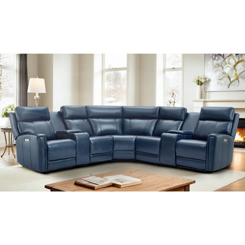 Genuine Leather Power Recliner Sectional Sofa with Ajustable Headrest, USB&USB-C Port - Blue (2 stat. armlesschairs)