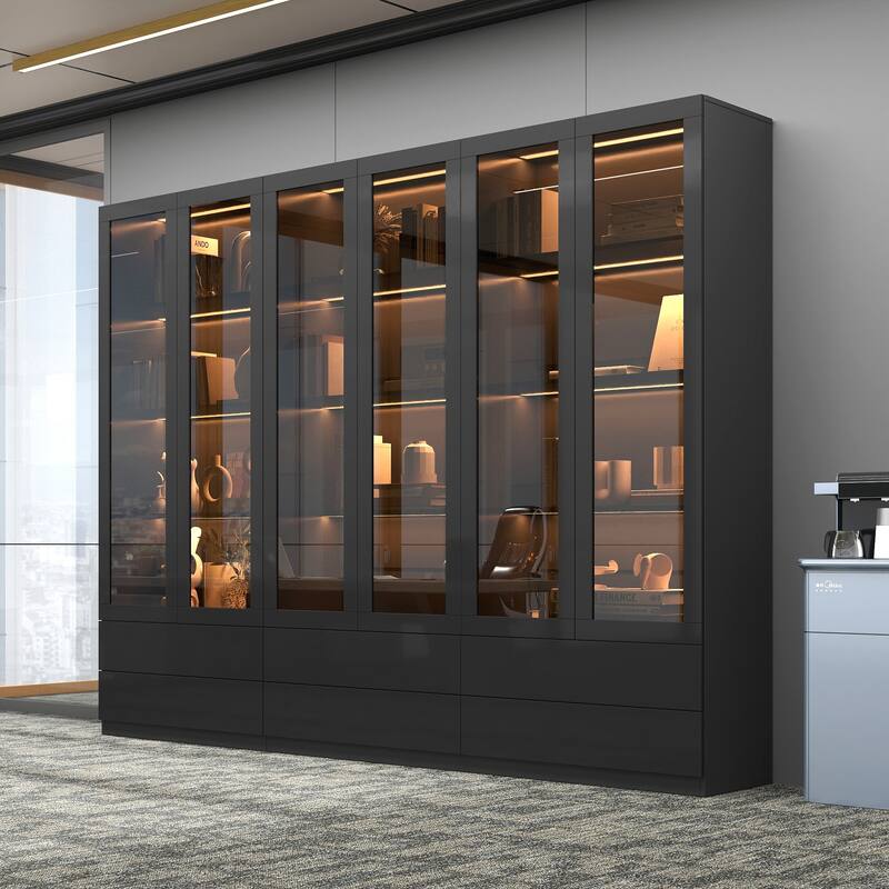 Display Cabinet with Glass Doors, Curio Storage Cabinet with 2-Drawer, Bookcase with LED Lights