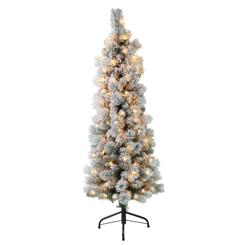 Puleo International 4.5' Pre-Lit Flocked Portland Pine Pencil Artificial Christmas Tree