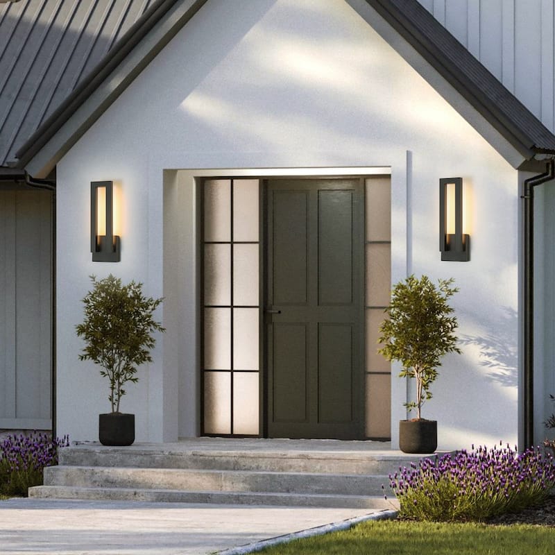 14.6 in. H Satin Black Linear Dimmable Integrated LED Waterproof Outdoor Wall Light Sconce - 4.7 in. W x 14.6 in. H x 2.8 in. D