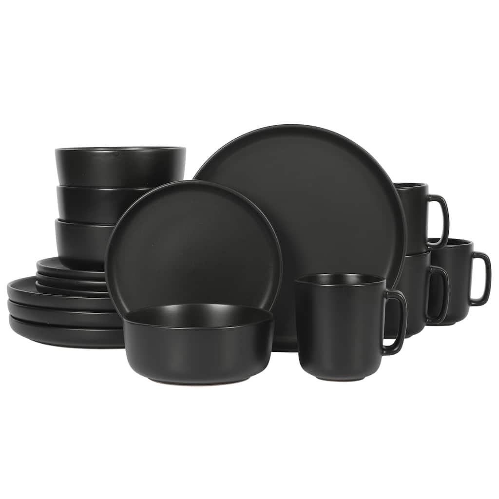 Gibson Home Zuma 16 Piece Stoneware Plates, Bowls, & Mugs Dinnerware Set - Matte Black