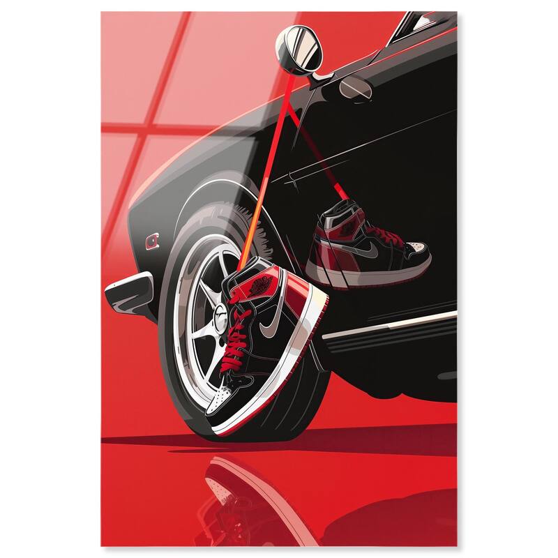 Red Bold Sneaker and Car Acrylic by Art Remedy, Ready to Hang - 16" x 24"