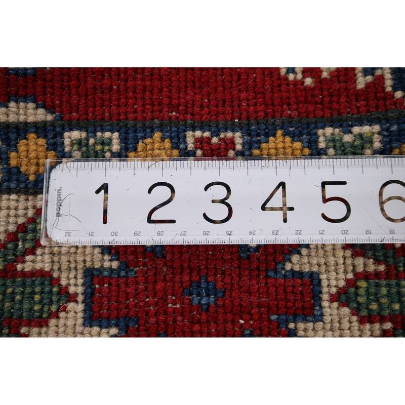 Oriental Kazak Area Rug Hand-Knotted Geometric Red Wool Carpet - 4'0" x 5'8"