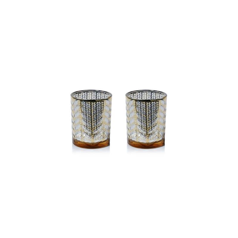 Laser-Etched Metallic Glass Hurricane Candle Holders, Set of 2