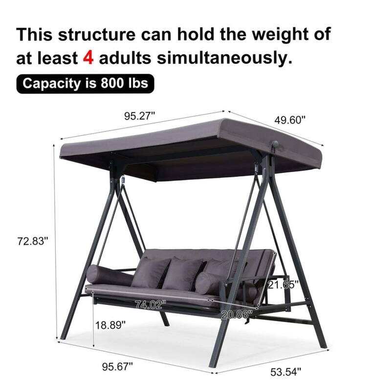 PURPLE LEAF 3-seat Outdoor Patio Porch Swing Adjustable Backrest, Cushions and Pillow Included - N/A