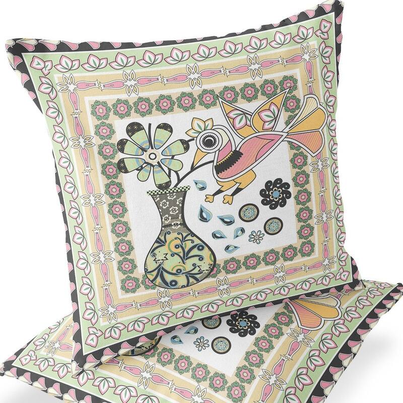 HomeRoots Set of Two 16" X 16" Green and White Peacock Blown Seam Floral Indoor Outdoor Throw Pillow - 16.00' X '16.00' X '5.00