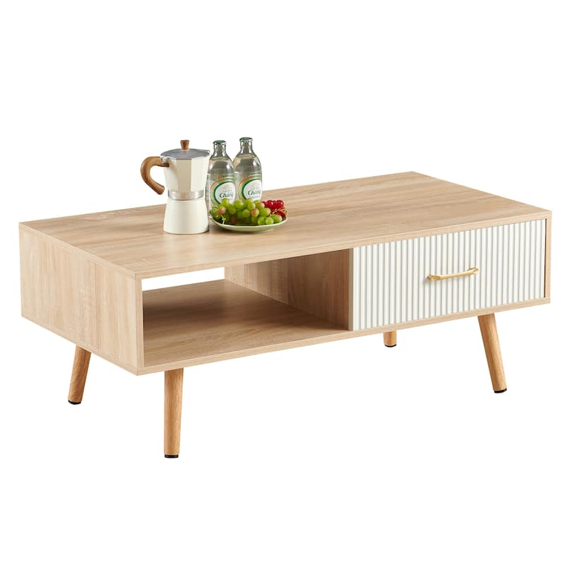 Modern Rectangular Coffee Table with Sliding Drawers and Storage Space, for Living Room, Natural Wood Color