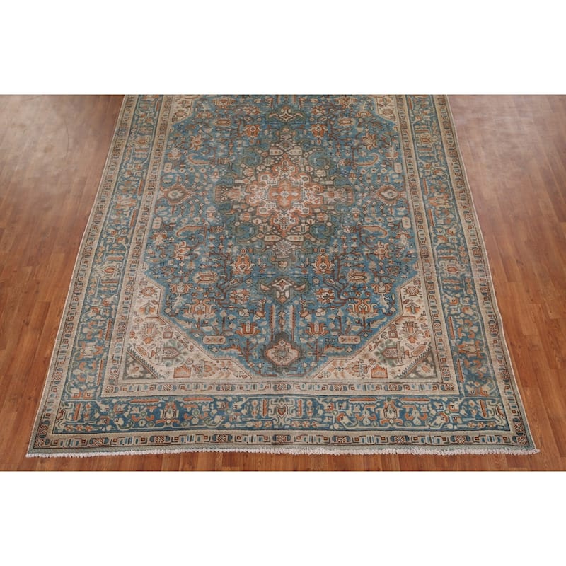 Blue Distressed Tabriz Vintage Persian Rug Hand-Knotted Wool Carpet - 8'1" x 11'2"