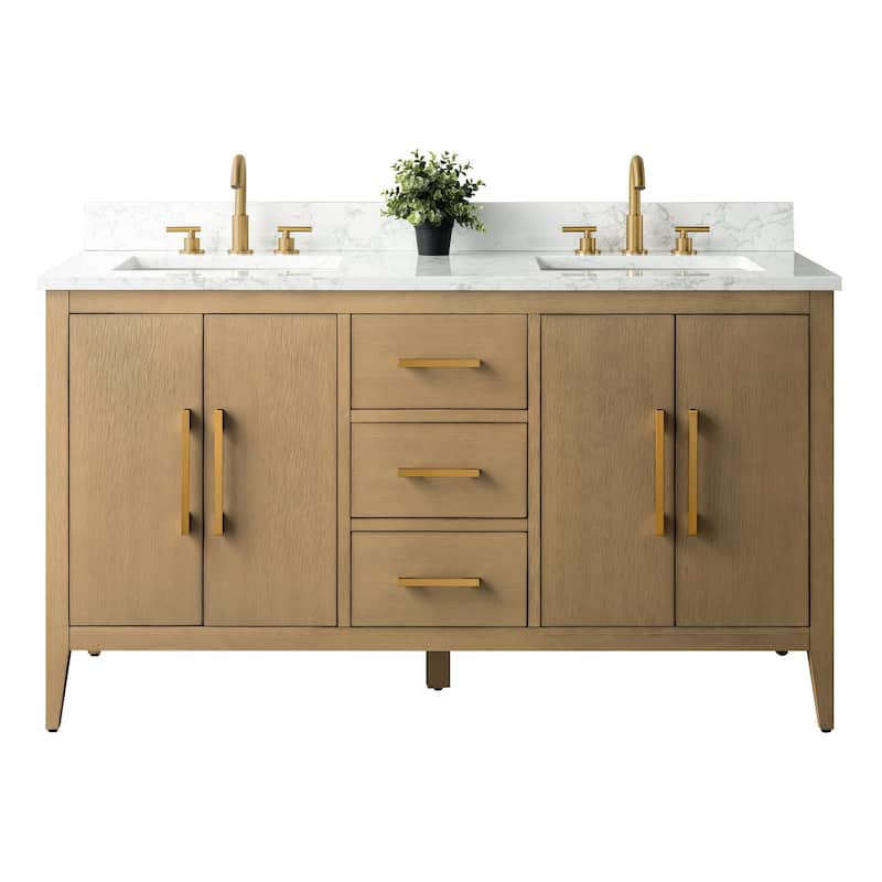 Vanity Art 60" Double Sink Bathroom Vanity Cabinet with Engineered Marble Top