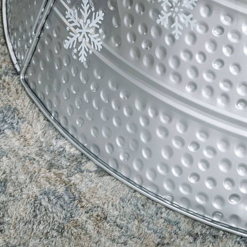 Bright Silver Christmas Tree Collar with Snowflake Engraving and Sturdy Metal Base Cover - 26" x 9" H
