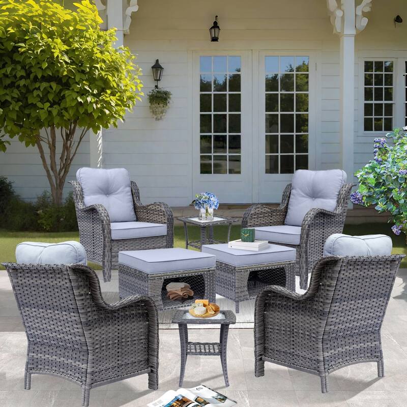 8 Piece Outdoor Wicker Patio Furniture Conversation Chair and Ottoman Set