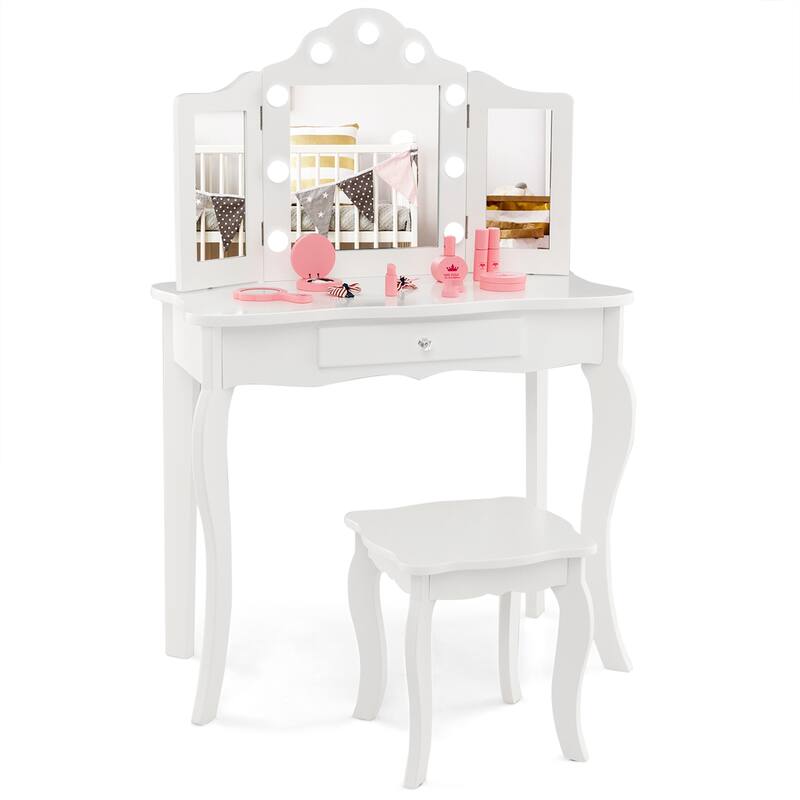 Kid Vanity Table Set Tri-Folding Mirror Adjustable 3-Color LED Light - White