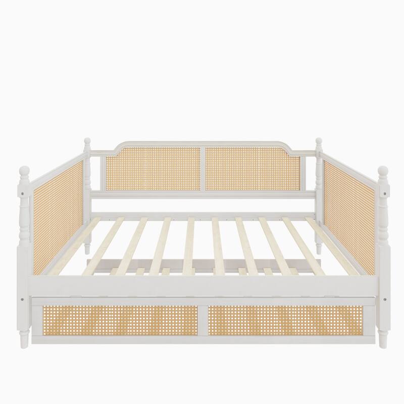 Rattan Daybed with Drawers/Twin Size Trundle, Bed Frame with Footboard