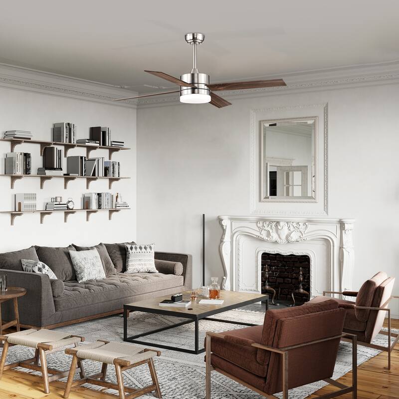 Brushed Nickel 52 in. 6-Speed Integrated LED Indoor 4-Blade Ceiling Fan with Light Kit and Remote Control