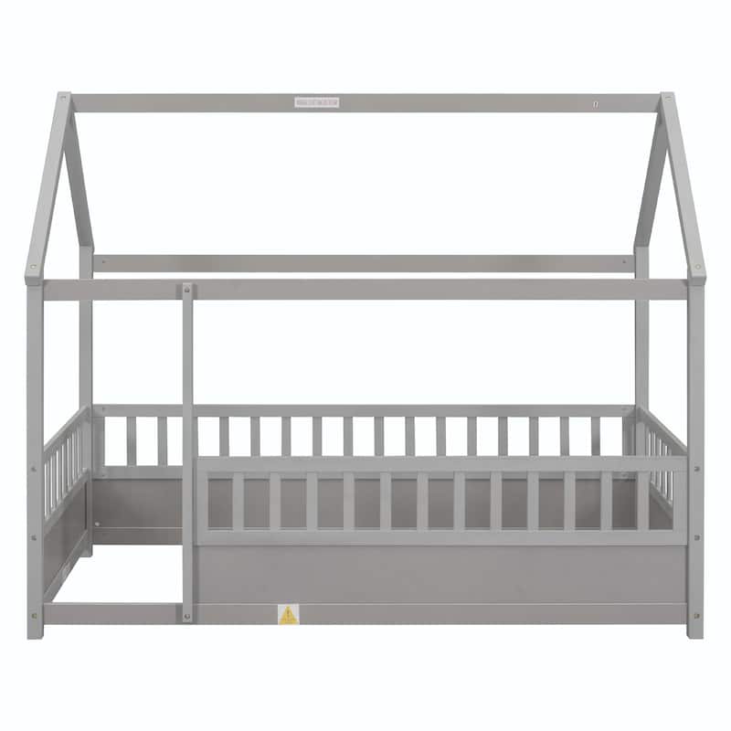 Twin Size Floor Wooden Bed with Fence Guardrails