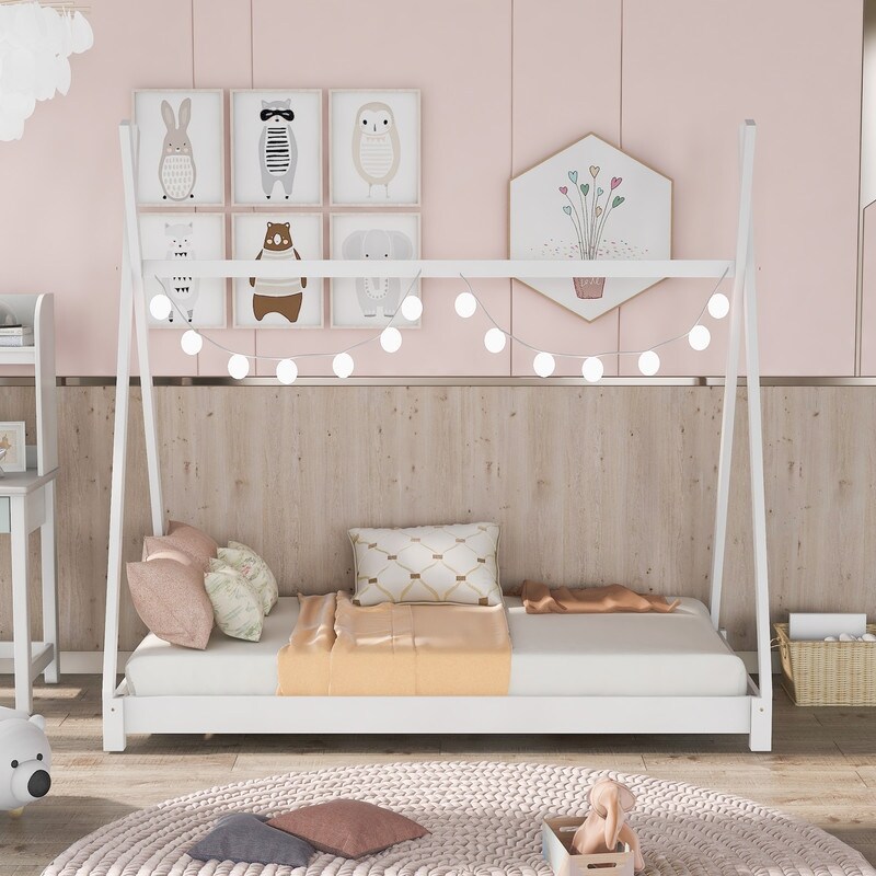 House Bed Twin for Kids Toddler House Bed with Triangle Structure Wood Floor Bed Frame for Girls Boys White