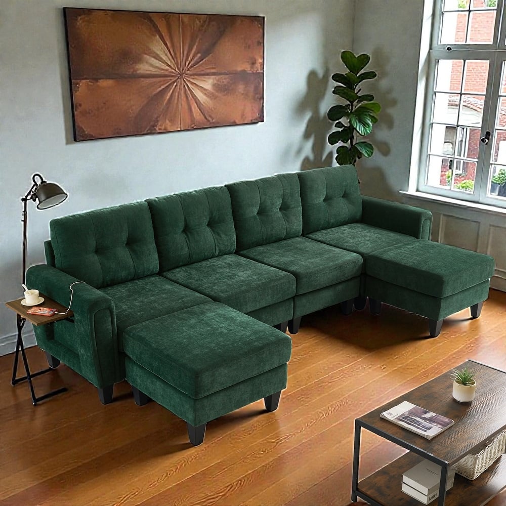 Modern 115" U-Shaped Modular Sectional Sofa with 2 Ottomans, USB Charging Ports, Foldable Side Tables, Chenille Upholstery