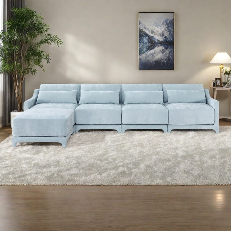 141.7" Chenille Modular 4-Seater Sofa with Movable Ottoman, High-Resilient Sponge, and Ergonomic Wooden Base - Sky Blue