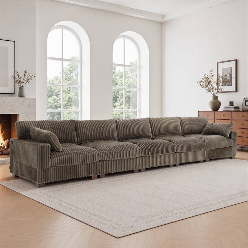 Plush Corduroy Upholstered Modular Sectional Sofa with Pillows - Symmetrical - Light Brown-5 Pieces
