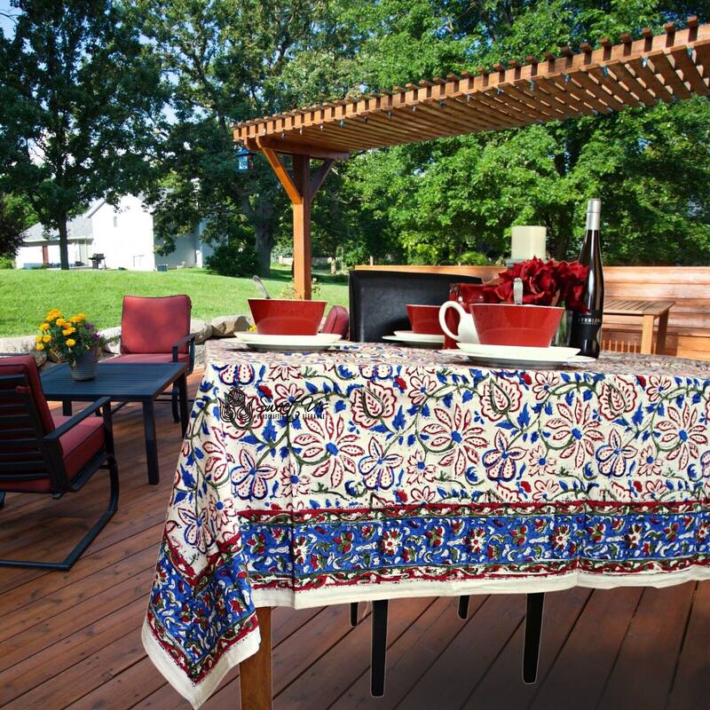 Ashlyn Handmade Cotton Floral Square Tablecloth Blue Red Green - 70 x 70 in
