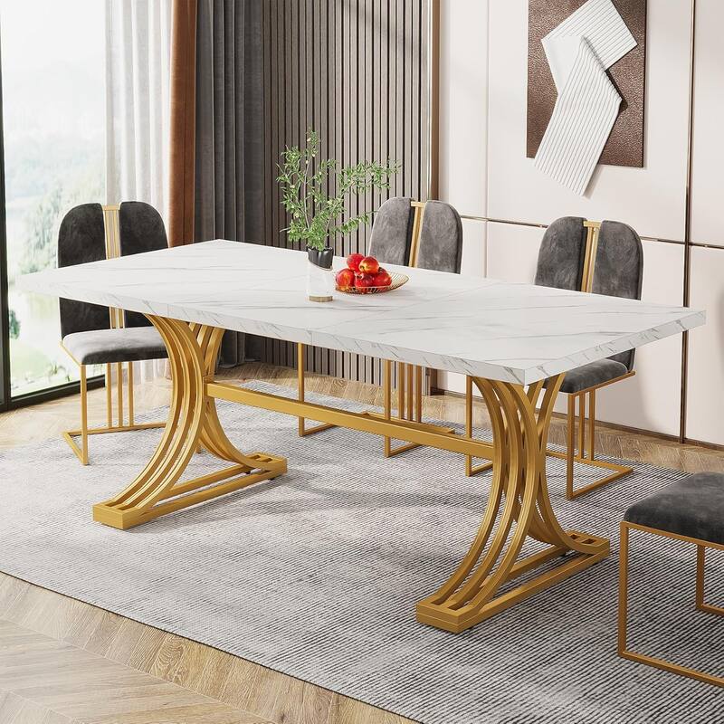 63" Rectangular Dining Table, Modern Kitchen Table with Faux Marble Top for Dining Room