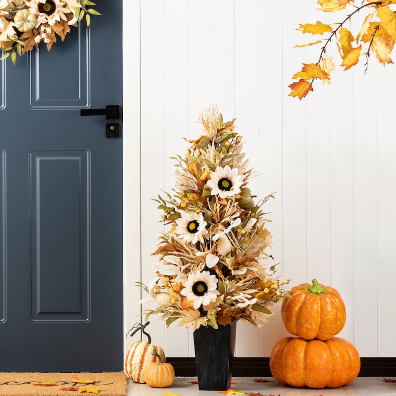 Glitzhome Fall Sunflower Pumpkin Floral Aritificial Garland or Swag Wreath with Free Hanger