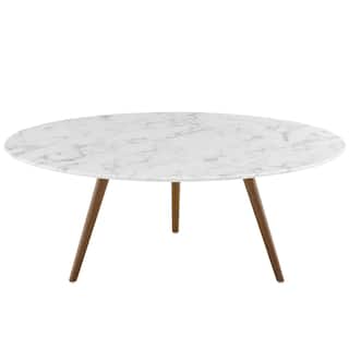 40" Round Artificial Marble Coffee Table, Walnut White
