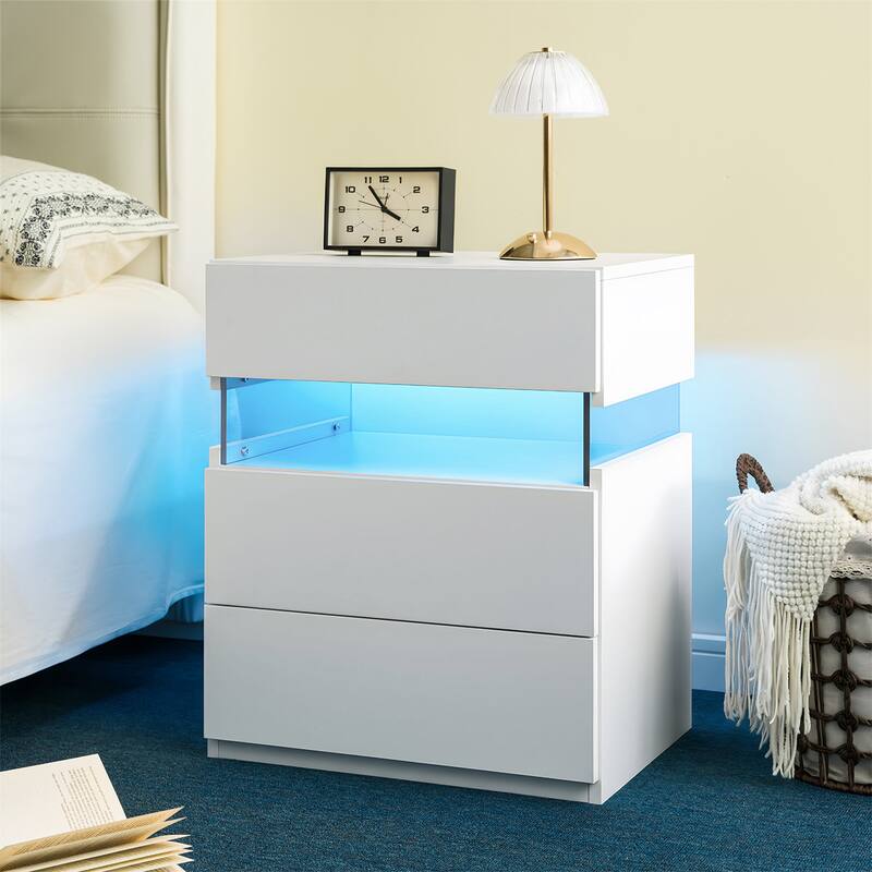 3-Drawer LED Nightstand, Multifunctional Bedside Table - White