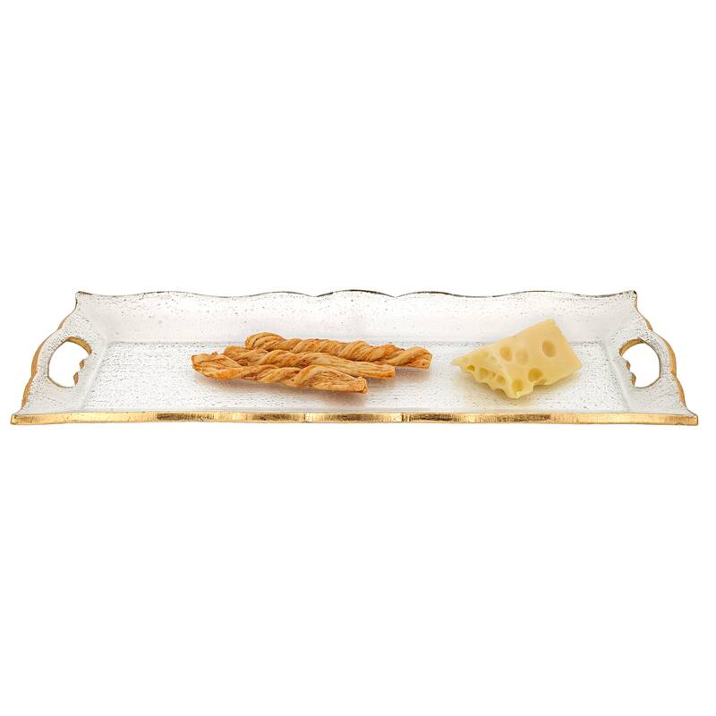HomeRoots 11" Clear And Gold Seeded Glass Serving Tray With Handles