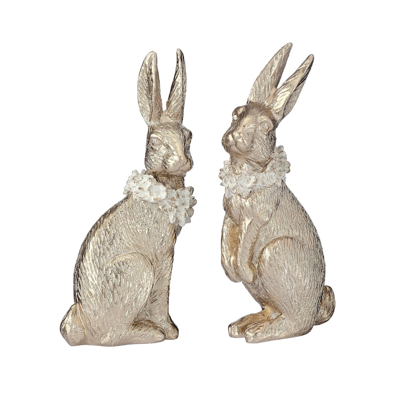 7.5" Resin Bunny With Floral Collar Set of 2