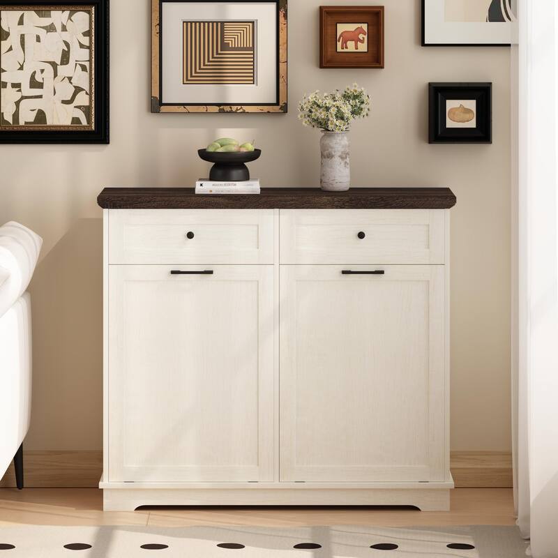 20 Gallon Double Tilt Out Trash Can Cabinet Freestanding Trash Bin Cabinet Wood Garbage Recycling Cabinet with Hideaway Drawer