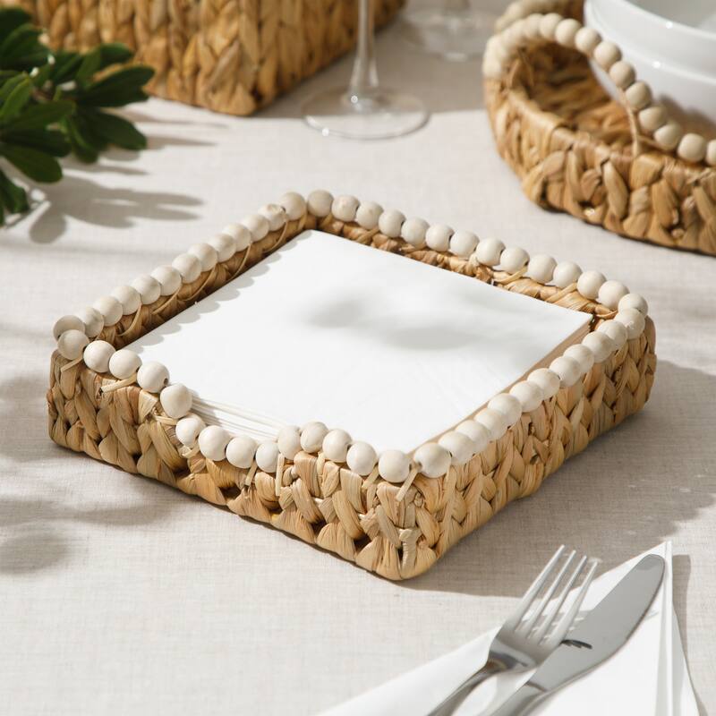 Gibson Home Woven Decorative Napkin Holder Tray - Natural Water Hyacinth Square Basket with Wood-Bead Trim