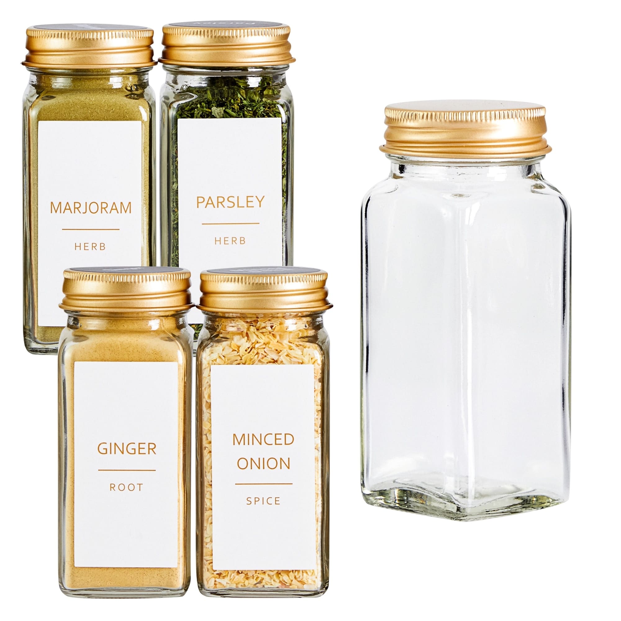 Talented Kitchen 24 Pack Glass Spice Jars with 284 Preprinted Label  Stickers in 2 Styles, 4 oz Empty Square Seasoning Jars with Shaker Lids &  Gold Metal Caps