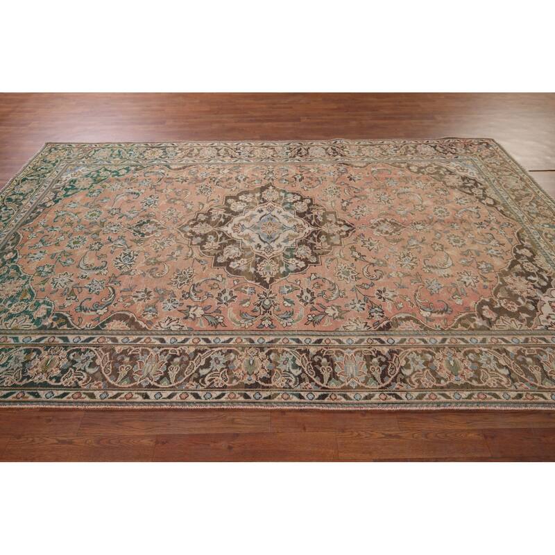 Traditional Mashad Persian Vintage Area Rug Handmade Wool Carpet - 6'5" x 10'1"