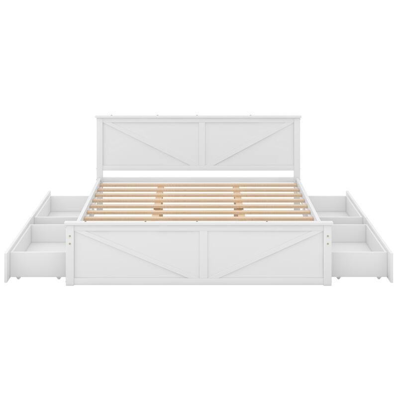 Wooden Platform Bed with Four Storage Drawers and Support Legs