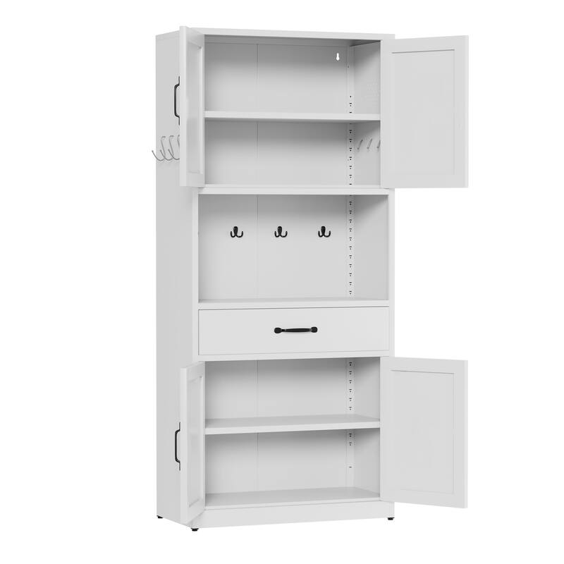 71" White Steel Kitchen Pantry with Large Countertop, Adjustable Shelves, Drawers & Hooks